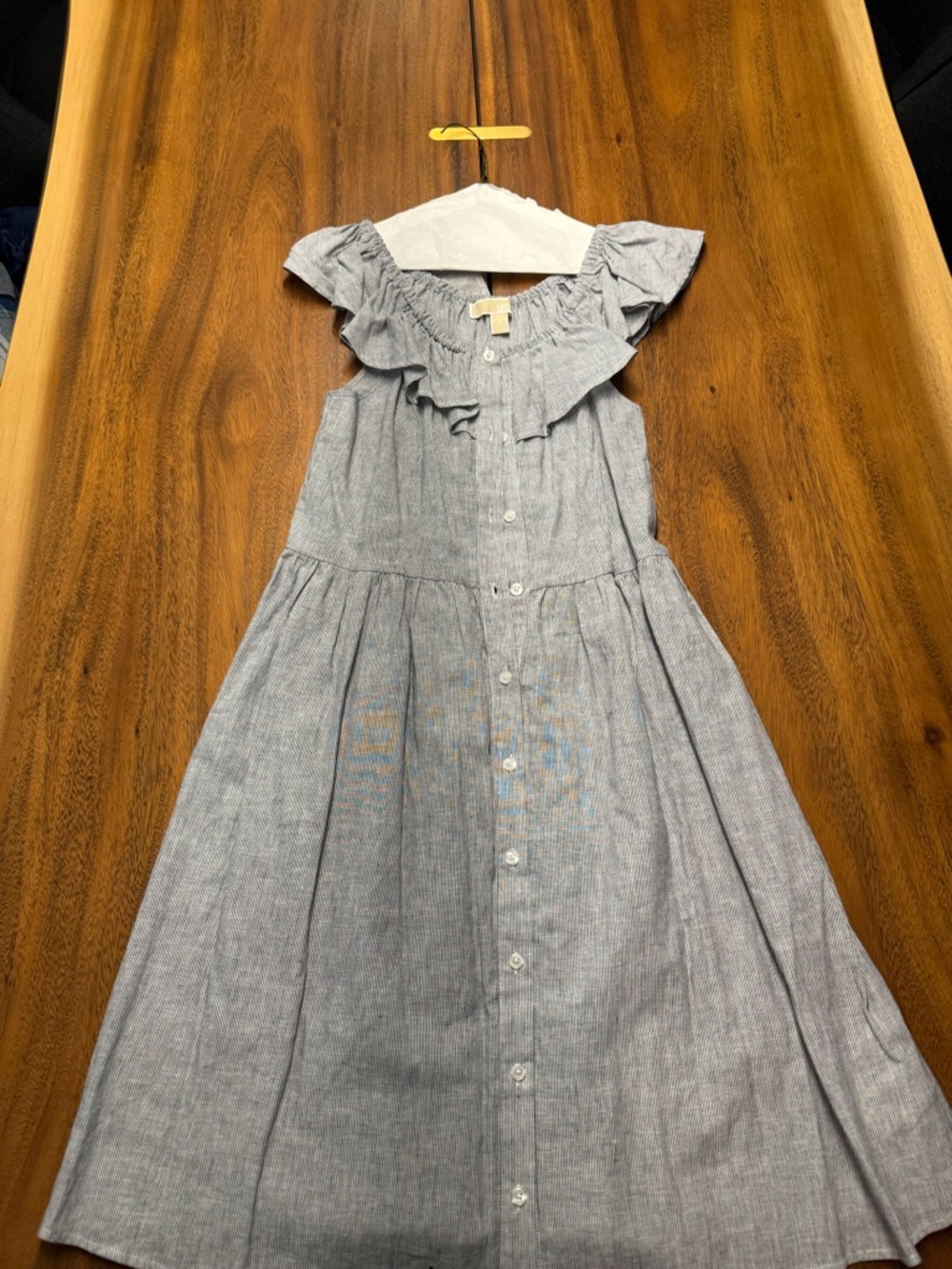 Off shoulder Chambray Ruffle Button-Front Dress - Light Blue